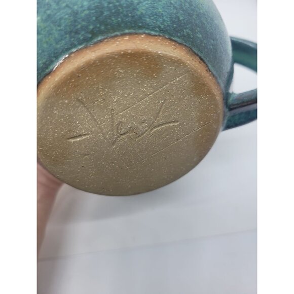 Handthrown Pottery Green Ceramic Mug Ornate Handle Signed Artesian cottage core - Picture 7 of 9